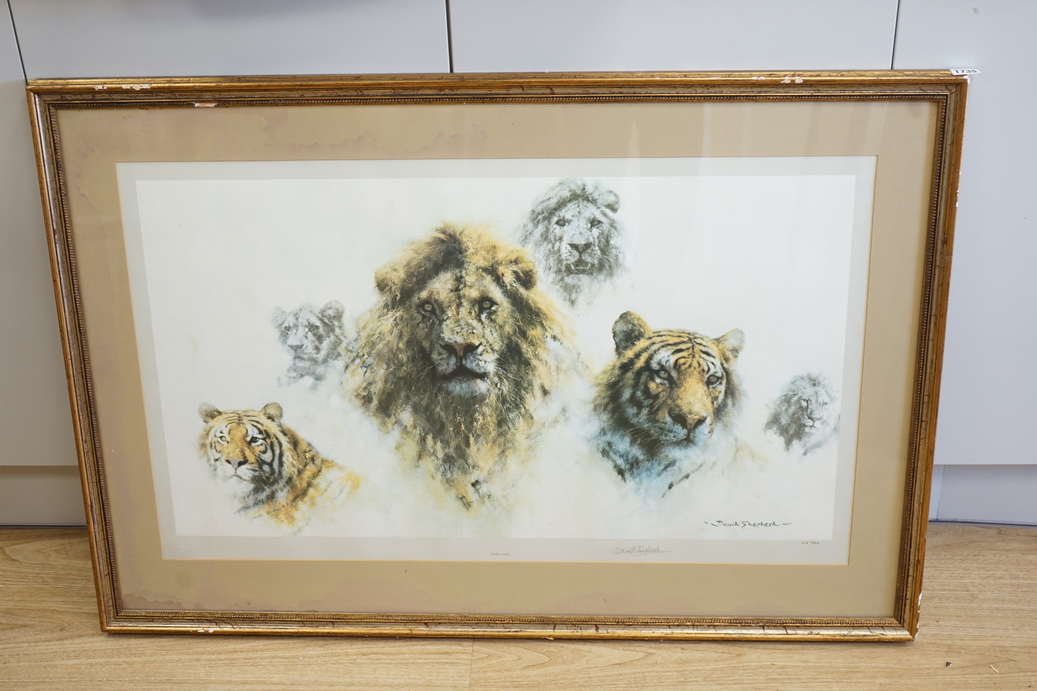 David Shepherd, limited edition print, 'Just Cats', signed in pencil, 615/850, overall visible sheet 53 x 89cm. Condition - fair